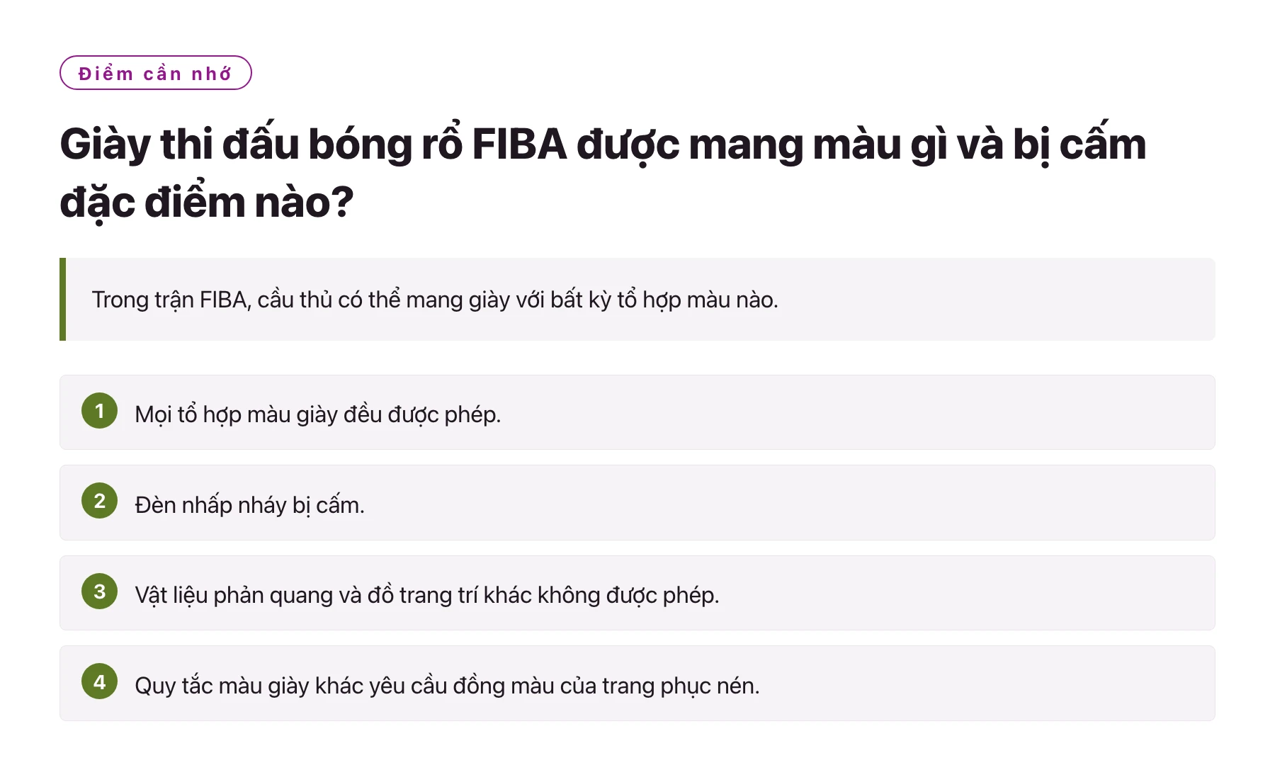 Giày thi đấu bóng rổ FIBA được mang màu gì và bị cấm đặc điểm nào?——全文要点速览